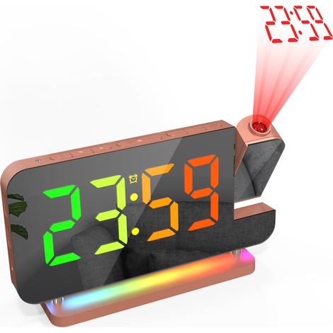 Sollbry Réveil à projection,16,8 cm d'écran LED miroir Horloge numérique projetée au plafond,avec veilleuse RGB,USB C port de charge,éclairage automatique (1/5)
