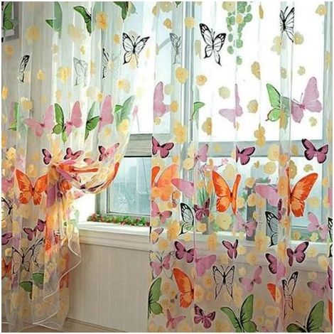 pair Rideaux Voilage Papillon Fleurs Cantonnière Fenêtre Porte Vitrine Décoration 200x95cm (1/4)