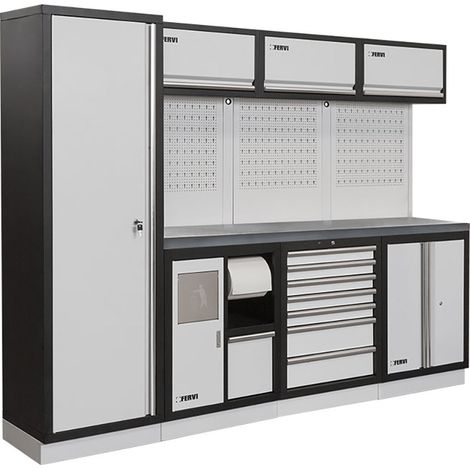Arredamento modulare per officina FERVI A008G - 2640 x 498 x 2000 h mm - piano in acciaio inox (1/2)