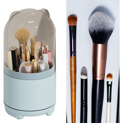 Boîte de rangement pour pinceaux de maquillage rotative à 360° avec couvercle transparent anti-poussière et grande capacité (bleue) (1/5)