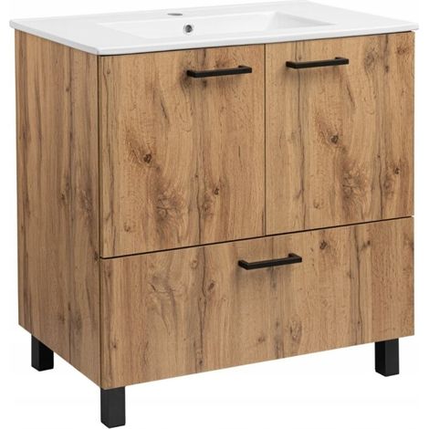 STAMAR Badezimmerschrank mit Waschbecken - 80 x 47 cm - Eiche Wotan - Modernes Design - 2 Türen und Schublade