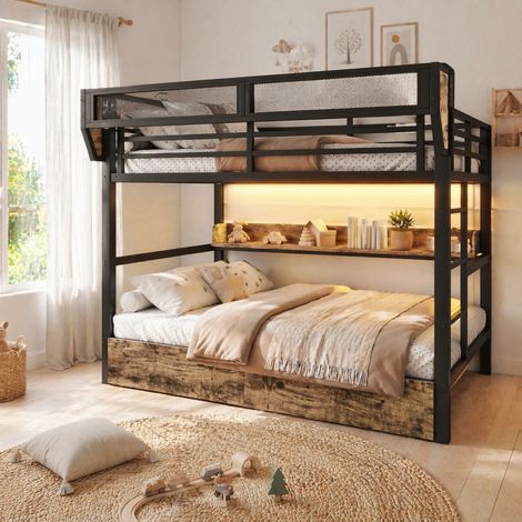 Cama litera 140x200 cm metal y MDF negra con estantes cajones y LED (1/5)