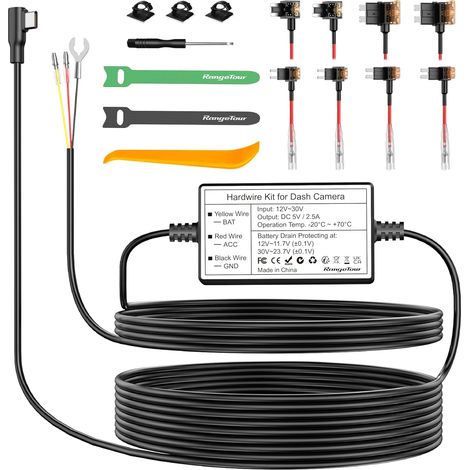 Dash Cam Hardwire Kit, 4m/13.12ft USB-C Power Cord for Car Dashboard Camera Charger 12V-24V to 5V, 3 Cores, 4 Types/8 Adapters and 4 Fuses (1/5)