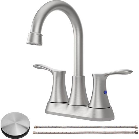 Robinet de salle de bain à deux poignées de 10 cm (4 po) en nickel brossé, avec bonde escamotable et flexible d'alimentation. (1/5)
