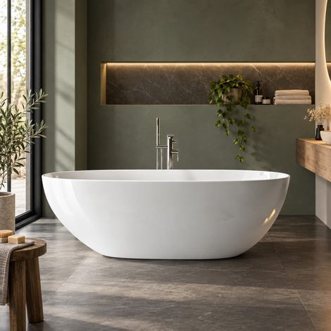 Stano. – Baignoire îlot ovale 165 cm en Résicryl® renforcé – Tablier rigide intégré – Bords ultra-fins – Vidage pré-monté inclus