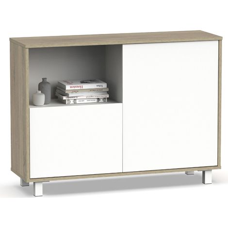Buffet, commode de salon coloris chêne cambrian, blanc - Longueur 112 x Profondeur 33 x hauteur 83 cm -PEGANE- (1/5)