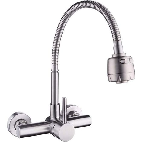 Küchenarmatur, Wandmontage, Mischbatterie, 304 Edelstahl, 360° drehbar, Spültischarmatur mit flexiblem Schlauch (1/4)