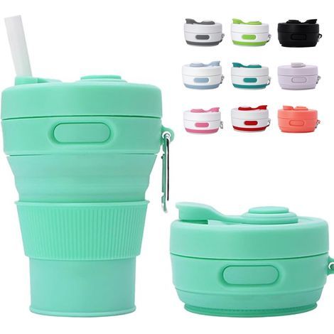 Faltbarer Silikonbecher (450 ml) – Grün – Mit Kunststoffdeckel – BPA-frei – Wiederverwendbar – Tragbar – Ideal für Outdoor-Aktivitäten, Camping, Picknicks, Wandern und mehr (1/5)