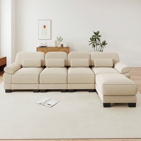 Canapé d'angle modulable - 4 places - forme l - 1 ottoman - assise profonde - velours côtelé - mobilier de salon - beige (1/5)