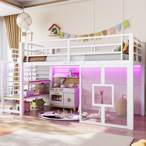 Letto a soppalco in metallo bianco 90x200 cm con scala contenitore, LED e finestre (1/5)