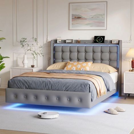 Letto matrimoniale 140x200 - Con rete a doghe in legno - velluto grigio scuro - Testata con LED - letto flottante - Porta USB (1/5)