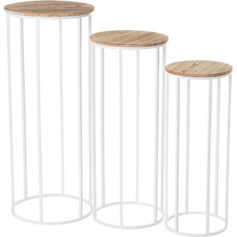 Set de 3 sellettes rondes en métal blanc et plateaux bois 31x31x81cm (1/4)
