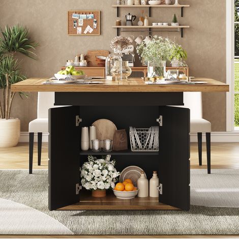Mesa extensible 110-140 x 80 cm de MDF y metal, negra y natural, con almacenaje DESVIAE (1/5)
