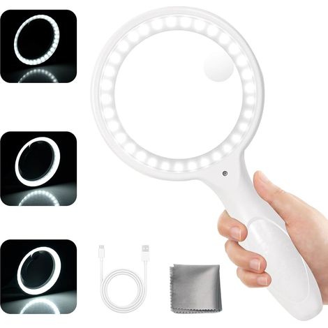 CCYKXA Lupe mit Licht, 60x 30x Leselupe für Sehbehinderte, USB-aufladbar, beleuchtete Lupe mit 3 Modi, einstellbare 33-LED-Beleuchtung (weiß) (1/5)