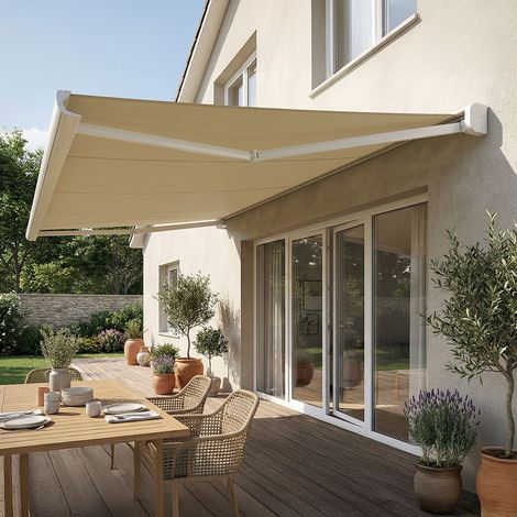 Store banne coffre intégral CELESTE (Motorisation à télécommande + Manœuvre de secours + LED - Blanc RAL 9010 - Écru 250g/m² - 4.00 x 3.00 m)