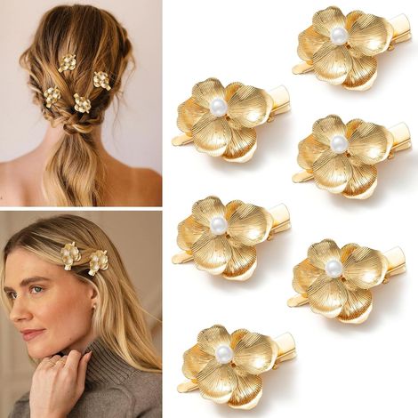 6 goldene Haarspangen mit Blumenmuster – Mädchen – Kleine Haarspangen mit Perlen – Haarnadeln aus Metall mit Krokodilklemme – Styling – Florale Haaraccessoires – 6-teilig (1/4)