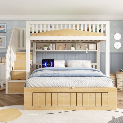 Lit superposé 90x200 - design cabane avec échelle, tiroirs et stations de charge - blanc (1/5)