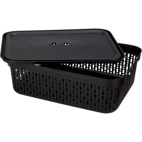 Cestino portaoggetti in plastica con coperchio per bagno, cucina e ufficio, 39x30x13 cm, nero, Lidia (1/5)