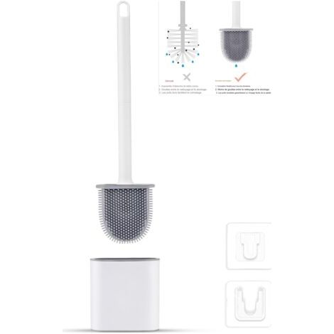 Brosse WC Silicone Plate- Brosse Toilette et Supports, Anti-goutte, Antibactérienne, Balayette WC Ventilée, Séchage Rapide sans Odeur, Balai WC Montage Mural/au Sol, Salle de Bain et WC Blanc (1/5)