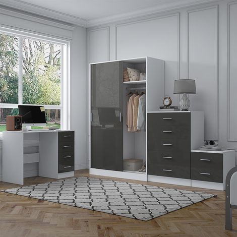 Reflect 2 Door Sliding Wardrobe, 5 Drawer Chest, 2 Drawer Bedside & Desk - Grey Gloss & Matt White - Modern Bedroom Furniture Set