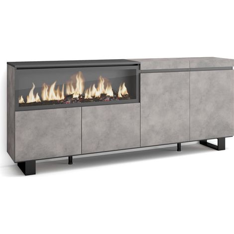 Skraut Home – Buffet salon et cuisine 208x35x87cm – 4 portes – Cheminée électrique XXL – Design industriel – Couleur gris ciment (1/5)