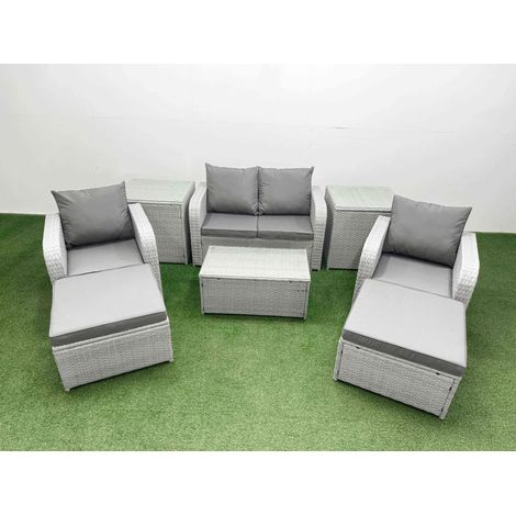 Fimous Light Grey PE Wicker Rattan Garden Furniture Set Sofa Set Reclining Adjustable Chair Rectangular Coffee Table 6 Seater 2 Big Stools 2 Side Table (1/4)
