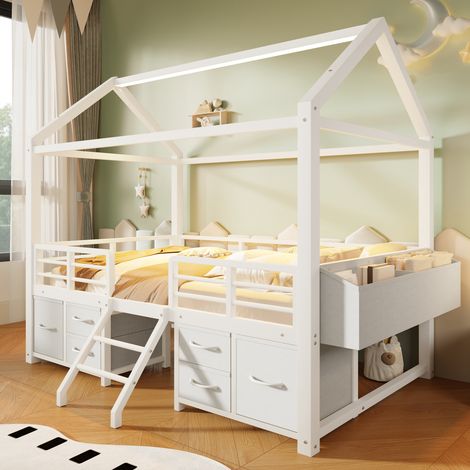 Lit mezzanine enfant 90x200cm avec toit de cabane et LED, lit surélevé avec plusieurs tiroirs en tissu et rangement au pied, structure en métal, blanc (1/5)