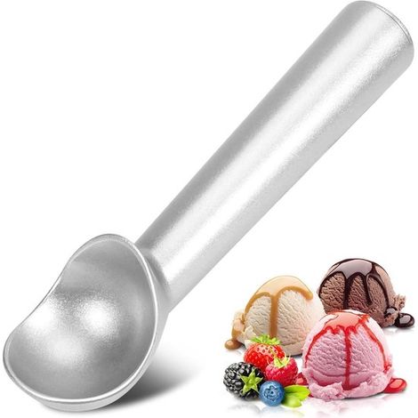 Cuchara para helado de 18 cm, Aluminio de una pieza, Plateada, Diseño robusto y duradero, Fácil de limpiar, Extracción precisa y eficiente (1/5)