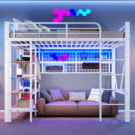 Lit Mezzanine-fer structure- rangement sous lit-filet suspension-tringle vêtements-LED intégré-204x95x180cm-Sans Matelas (1/5)