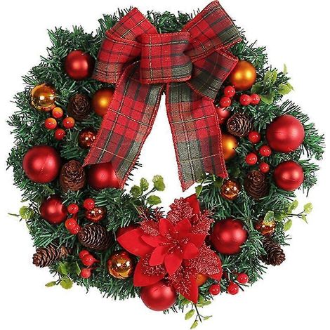 Couronne de Noël pour porte d'entrée, 40 cm, fleurs rouges, nœud papillon, guirlande hivernale décorative (1/4)
