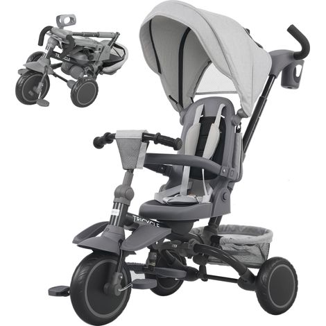Tricycle bébé évolutif 6 en 1 gris, pliable avec poignée parentale réglable et siège pivotant 360°