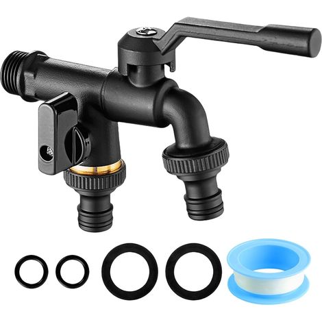 3/4" Brass Double Tap for Garden - Durable with Hose Adapter, Sealing Strip - Ball Valve for Household and Washing Machine Use
