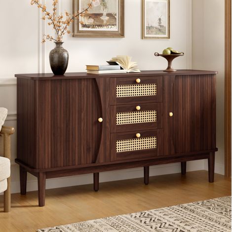 Aparador de almacenaje 141 cm MDF color nogal con cajones de ratán - CHICFURN (1/5)