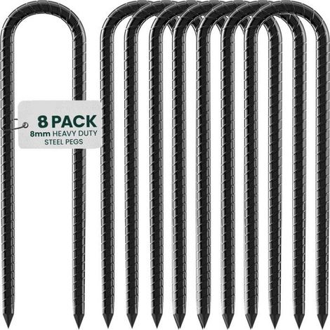 Lot de 8 Sardines de Fixation Résistants - 30cm Ancrages au Sol en Acier Galvanisé - avec Crochet en U pour Tente, Trampoline -Noir (1/5)