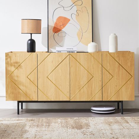 Buffet Salon en Bois Massif avec 4 Portes et Insertions Métalliques – Meuble de Rangement Polyvalent (Buffet, Commode, Table de Chevet ou Meuble Bas), Dimensions : H 78 cm × L 160 cm × P 40 cm