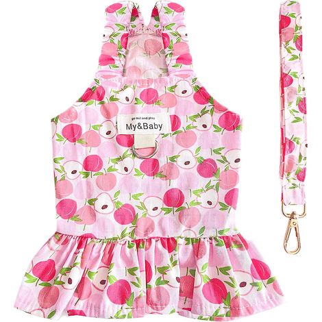 1 ensemble vêtement chien, robe princesse imprimé fruits + harnais + laisse, coton rose, taille S à XL, pour chiots et petites races (1/5)