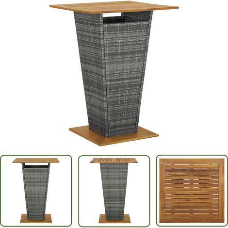 The Living Store Table de bar Gris 80x80x110 cm Résine tressée et bois d'acacia - Table De Bar - Table De Jardin - Mobilier De Jardin - Table En Résine Tressée - Table Acacia (1/5)