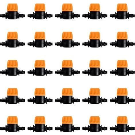 pair 25 Pièces 4/7 Vanne D'irrigation, Mini Valves de Contrôle pour Tuyau d'arrosage 4/7mm, Valves d'arrêt Cannelées 1/4 Pouce Tuyau d'irrigation Goutte à Goutte, Mini Tuyau Vanne d'eau Travers (1/5)