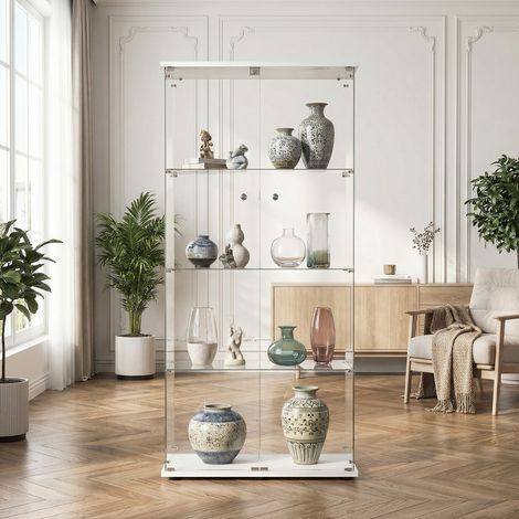Vetrinetta in Vetro,Vetrinetta Espositiva,Vetrina Soggiorno Moderna con 4 Ripiani in Vetro con 2Porta e Serratura,Vetrine per Collezionismo,164x80.5×36.5cm,Bianco