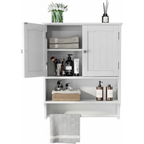ELVMI Armadietto Pensile da Bagno con Anta, Ripiani Regolabili e Portasciugamani in MDF Bianco 56.8 x 19 x 70 cm (1/4)