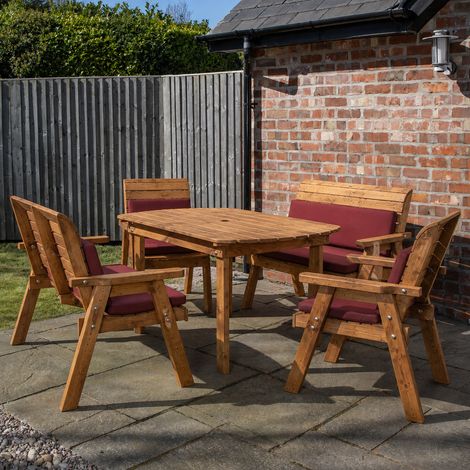 6 Seater Wooden Furniture Set. Table, Bench, Chairs & Burgundy Cushions (1/5)