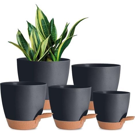 5-Piece Plastic Flower Pots, Self-Watering Planters with Drainage Hole, 7/6.5/6/5.5/5 inches, Black (1/5)