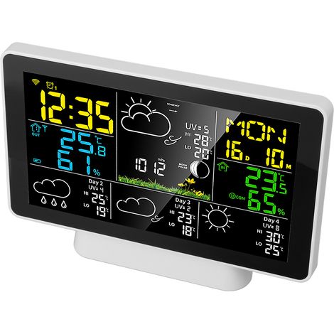 Horloge météo intelligente avec écran couleur 7,5 pouces, affichage de la température et de l'humidité, alarme, station météo sans fil pour intérieur et extérieur, prise UE. (1/5)