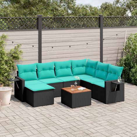 8-teiliges Gartensofa-Set mit Kissen, schwarzes Polyrattan (1/5)