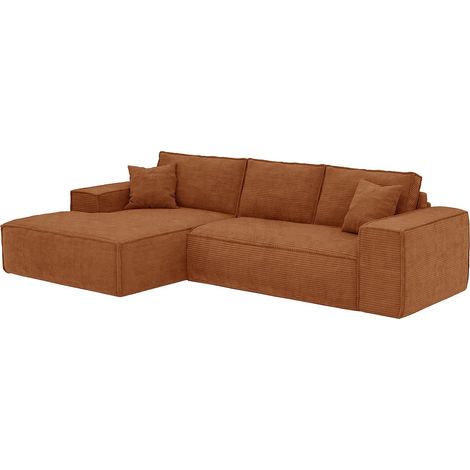 Canapé d'angle gauche convertible express en velours côtelé terracotta - Couchage 140 cm - Matelas 13 cm avec mémoire de forme - AMELIA