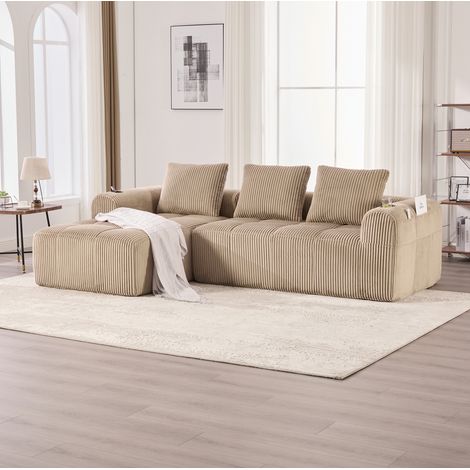Canapé modulaire 253x158x61 cm kaki en velours côtelé avec poches latérales, porte-gobelets et 3 coussins (1/5)