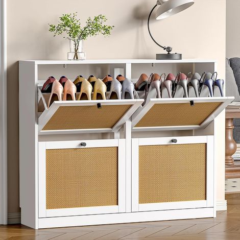 Meuble à Chaussures Entree, Armoire à Chaussures avec 4 Portes abattantes, Séparateur Réglable, Peut contenir 16 à 24 Paires de Chaussures pour entrée, Couloir, séjour, Chambre (1/5)