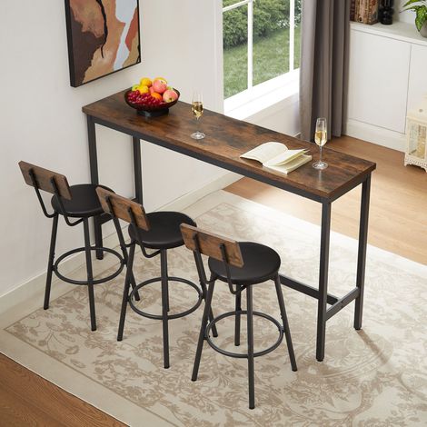 Conjunto de Mesa y Sillas de Bar, 1 Mesa y 3 Taburetes con Respaldo, en Tablero de Partículas, Marrón Rústico y Negro (1/5)