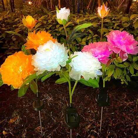 Lampes solaires d'extérieur pour jardin, lot de 3 lampes solaires en forme de fleurs de pivoine plus grandes et plus réalistes, grand panneau solaire, lampes solaires LED étanches pour jardin, terrass (1/4)
