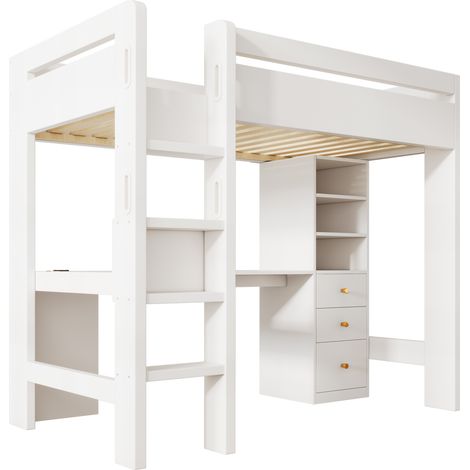 Weißes Hochbett 90x200 cm mit Eckschreibtisch, Regalen und Schubladen (1/5)